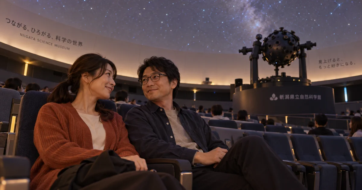新潟県立自然科学館でデートを楽しむふたりをイメージしたAI画像