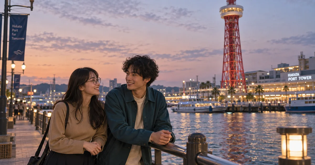博多ポートタワーでデートを楽しむふたりをイメージしたAI画像