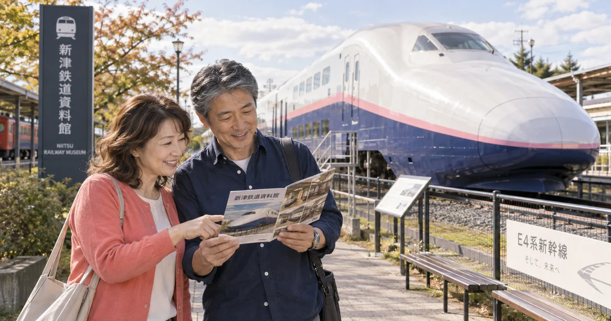 新津鉄道資料館でデートを楽しむふたりをイメージしたAI画像