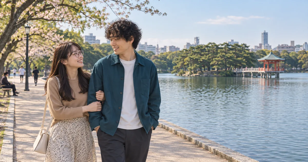 大濠公園でデートを楽しむふたりをイメージしたAI画像