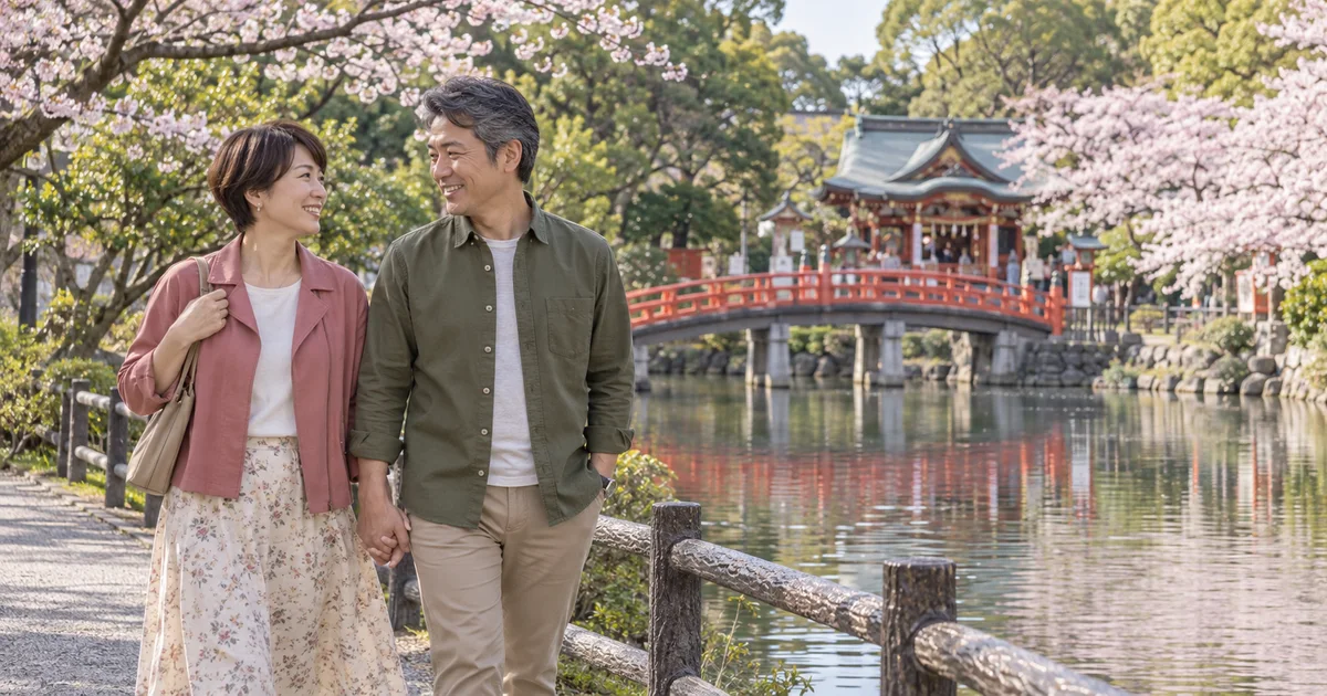 垣生公園でデートを楽しむふたりをイメージしたAI画像