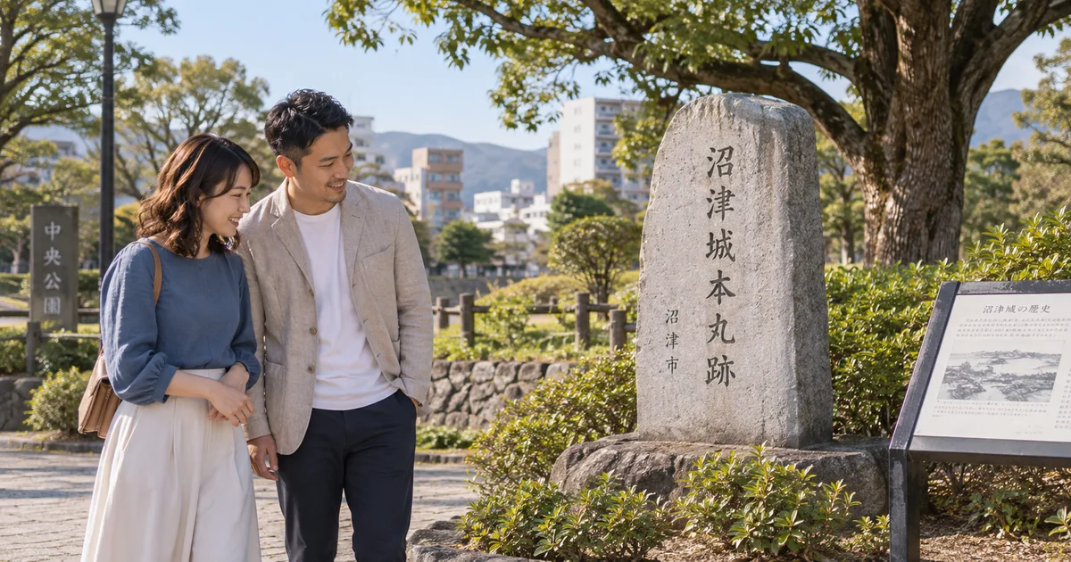 沼津城でデートを楽しむふたりをイメージしたAI画像