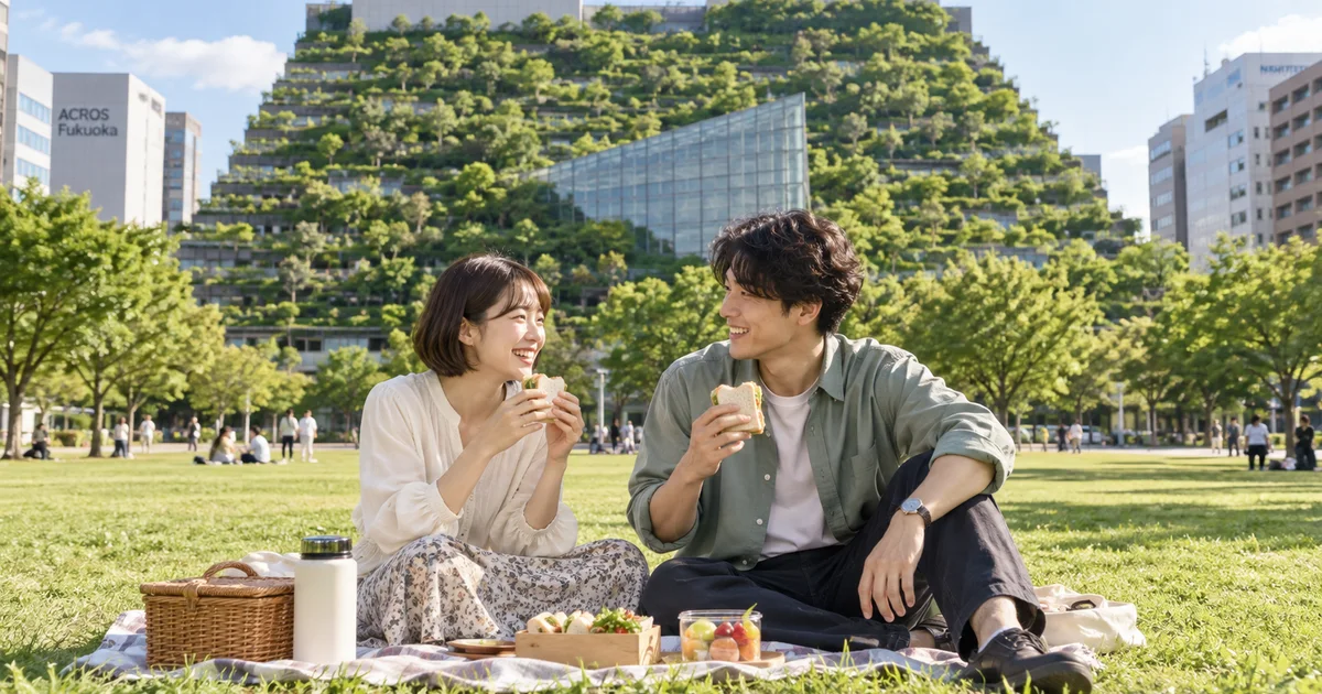 天神中央公園でデートを楽しむふたりをイメージしたAI画像