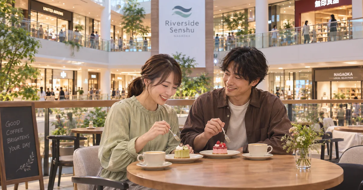 リバーサイド千秋でデートを楽しむふたりをイメージしたAI画像