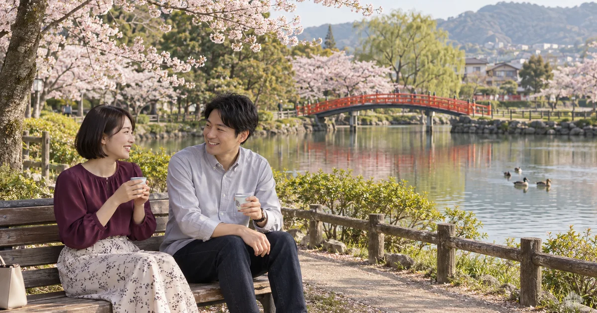 勝盛公園でデートを楽しむふたりをイメージしたAI画像