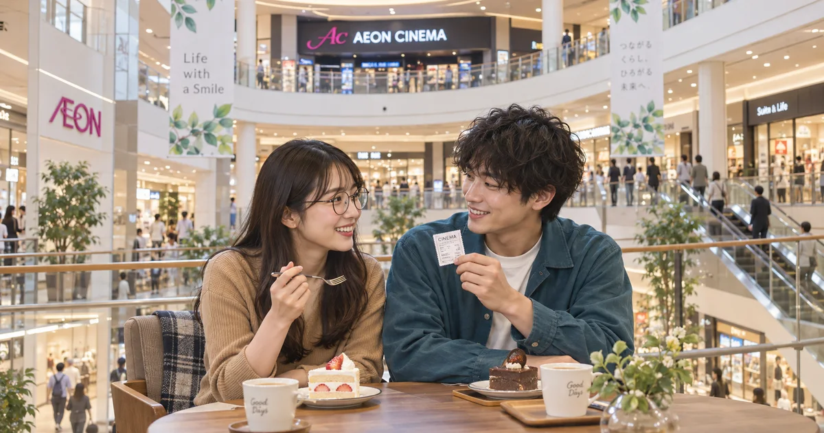 イオンモール新潟南でデートを楽しむふたりをイメージしたAI画像