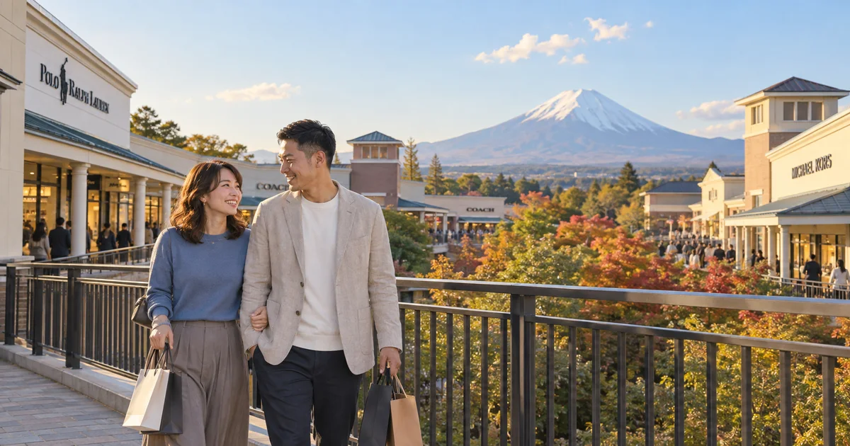 御殿場プレミアムアウトレットでデートを楽しむふたりをイメージしたAI画像