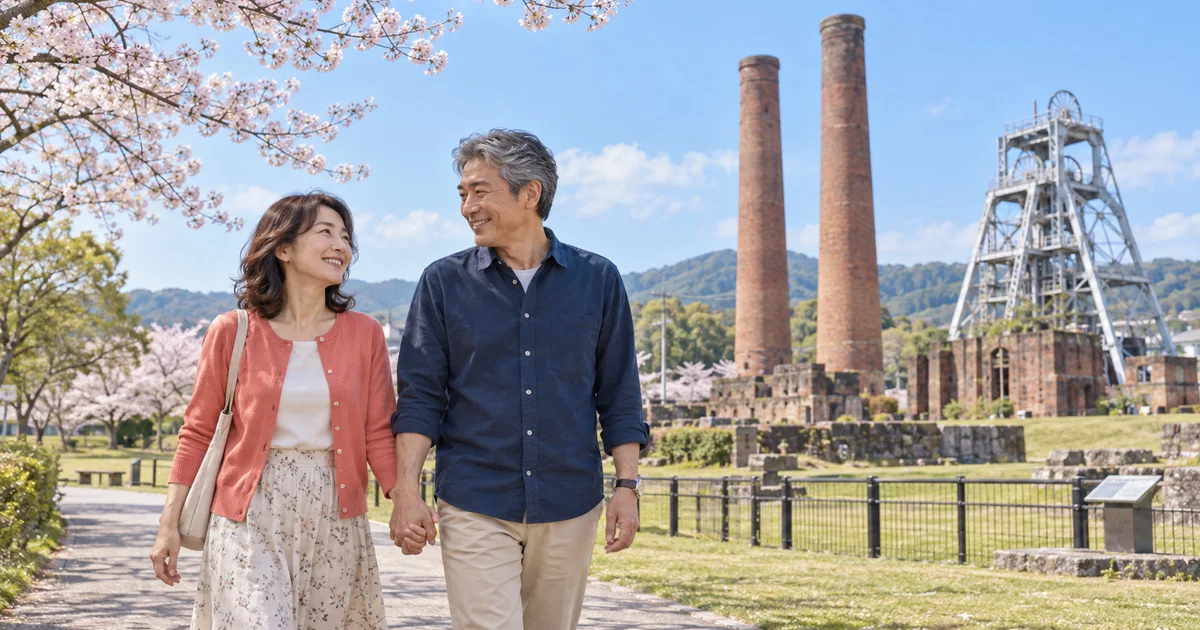 石炭記念公園でデートを楽しむふたりをイメージしたAI画像