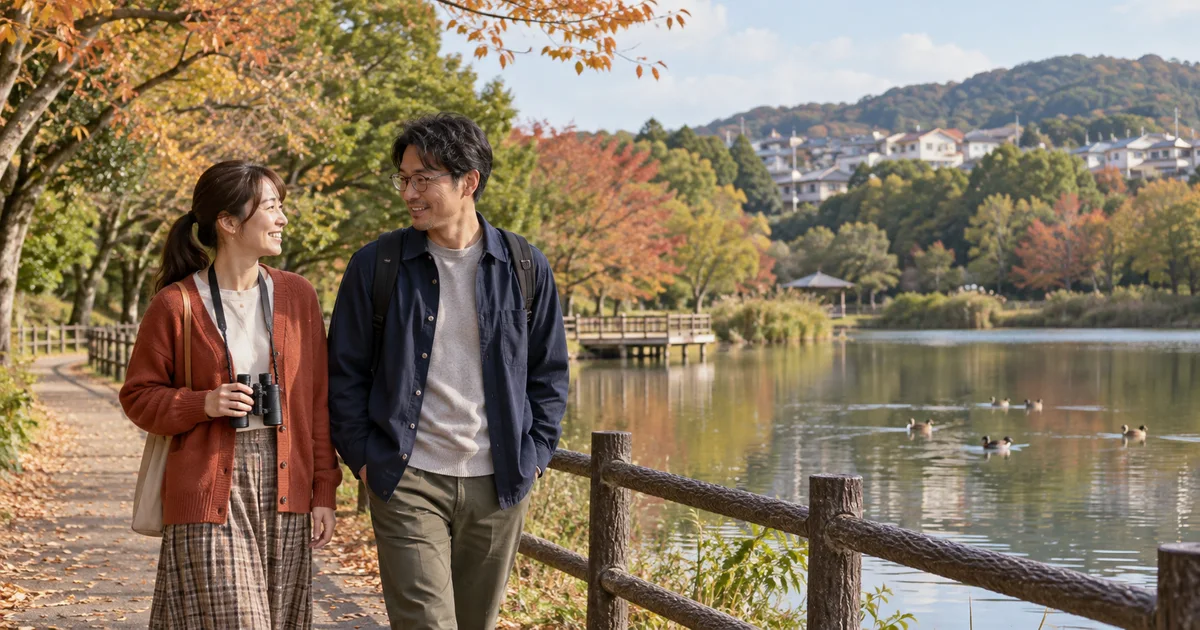 西南杜の湖畔公園でデートを楽しむふたりをイメージしたAI画像