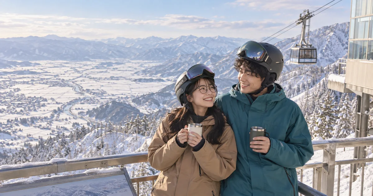 六日町八海山スキー場でデートを楽しむふたりをイメージしたAI画像