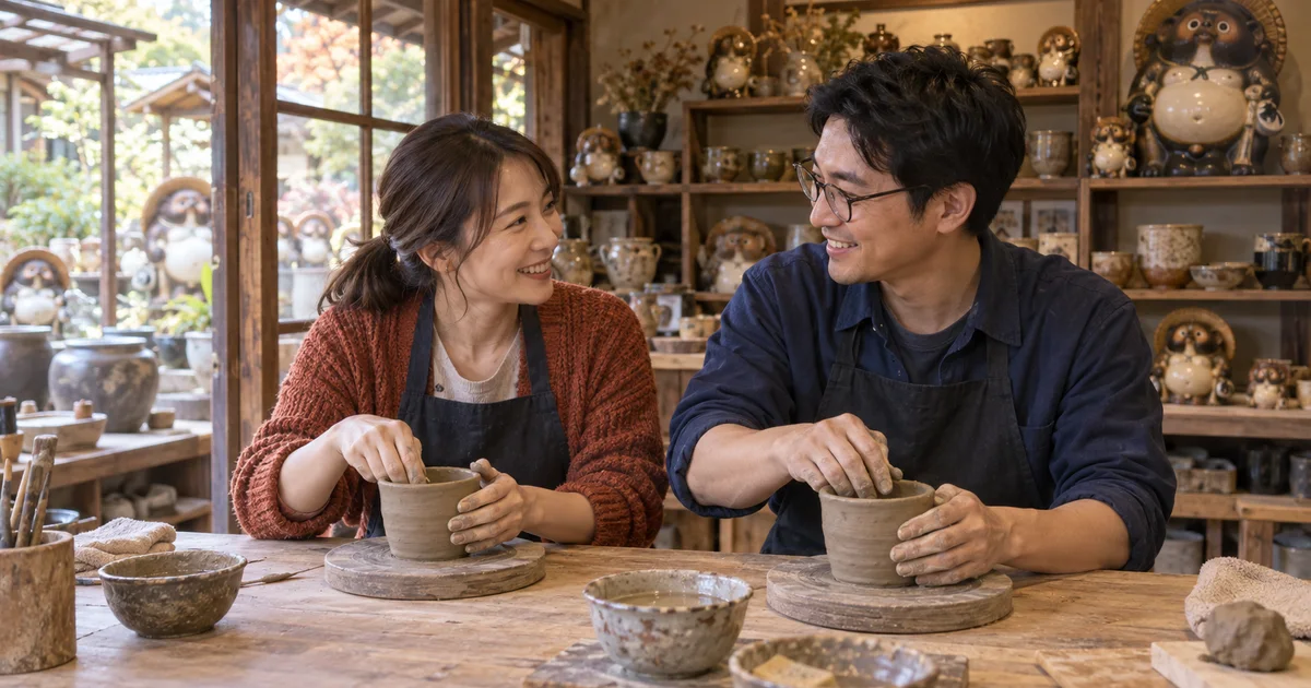 信楽陶苑たぬき村でデートを楽しむふたりをイメージしたAI画像