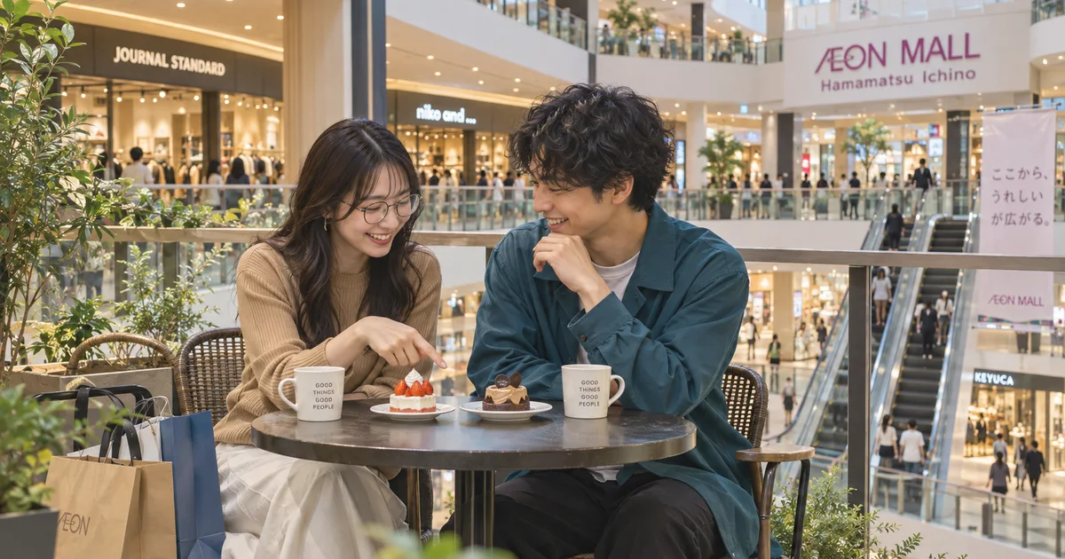 イオンモール浜松市野でデートを楽しむふたりをイメージしたAI画像