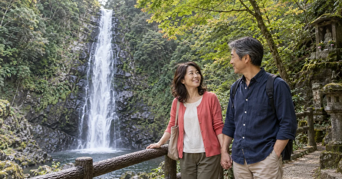 清水の滝でデートを楽しむふたりをイメージしたAI画像