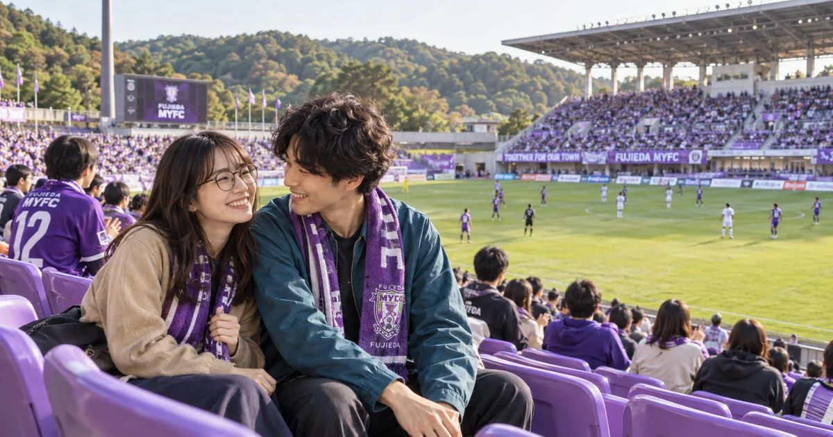 藤枝総合運動公園サッカー場でデートを楽しむふたりをイメージしたAI画像