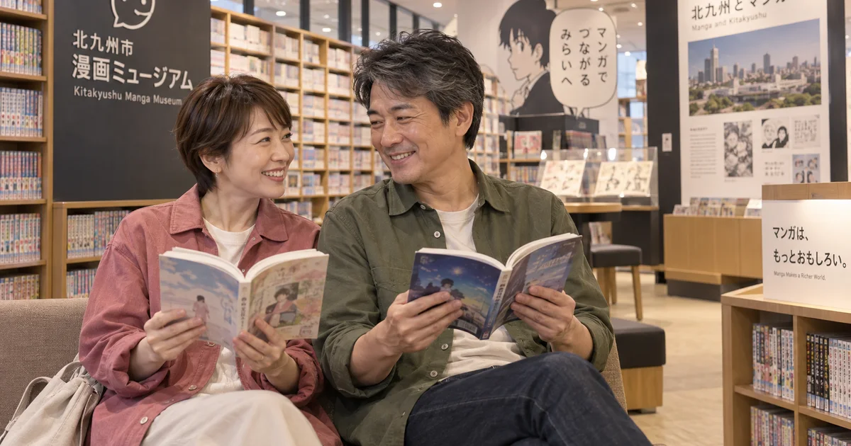 北九州市漫画ミュージアムでデートを楽しむふたりをイメージしたAI画像