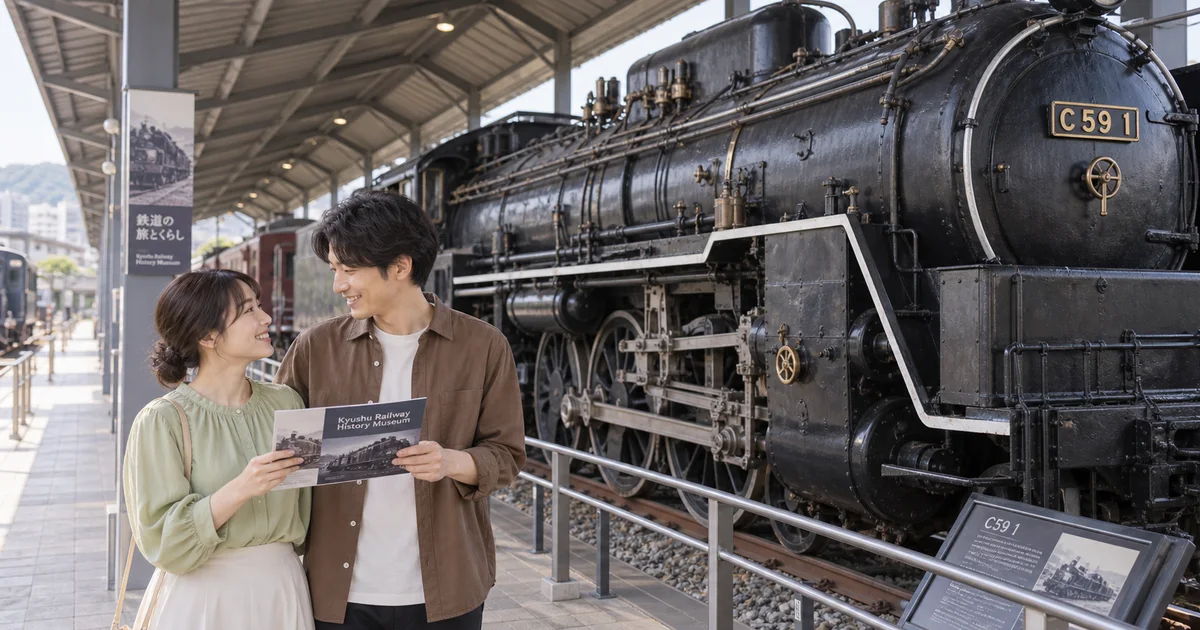 九州鉄道記念館でデートを楽しむふたりをイメージしたAI画像