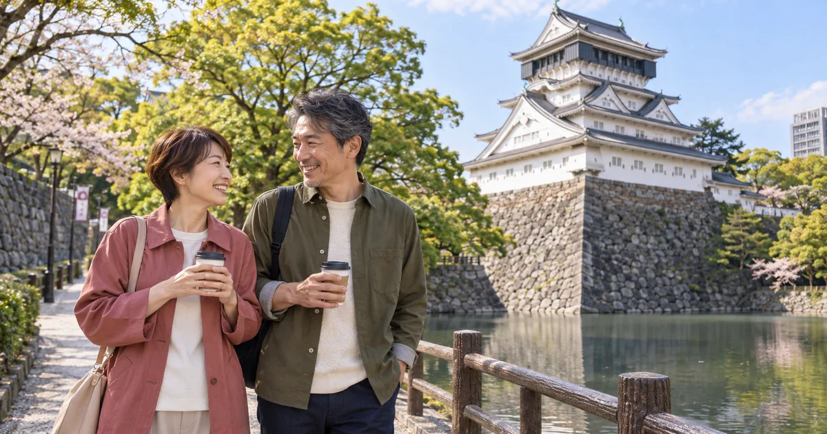 小倉城でデートを楽しむふたりをイメージしたAI画像