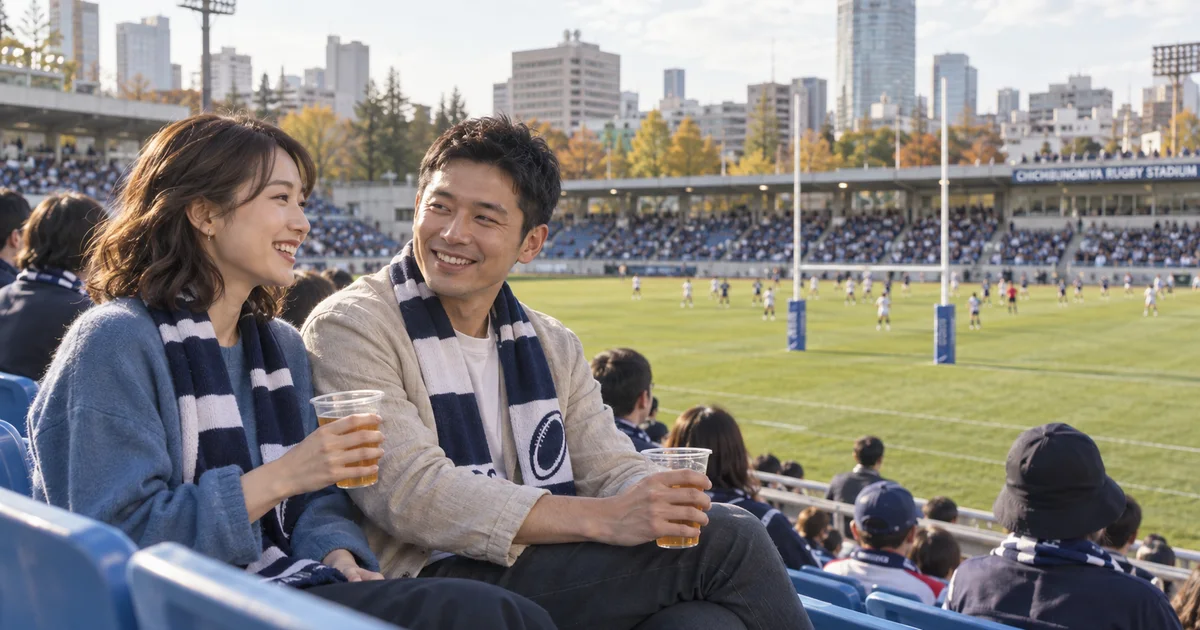 秩父宮ラグビー場でデートを楽しむふたりをイメージしたAI画像