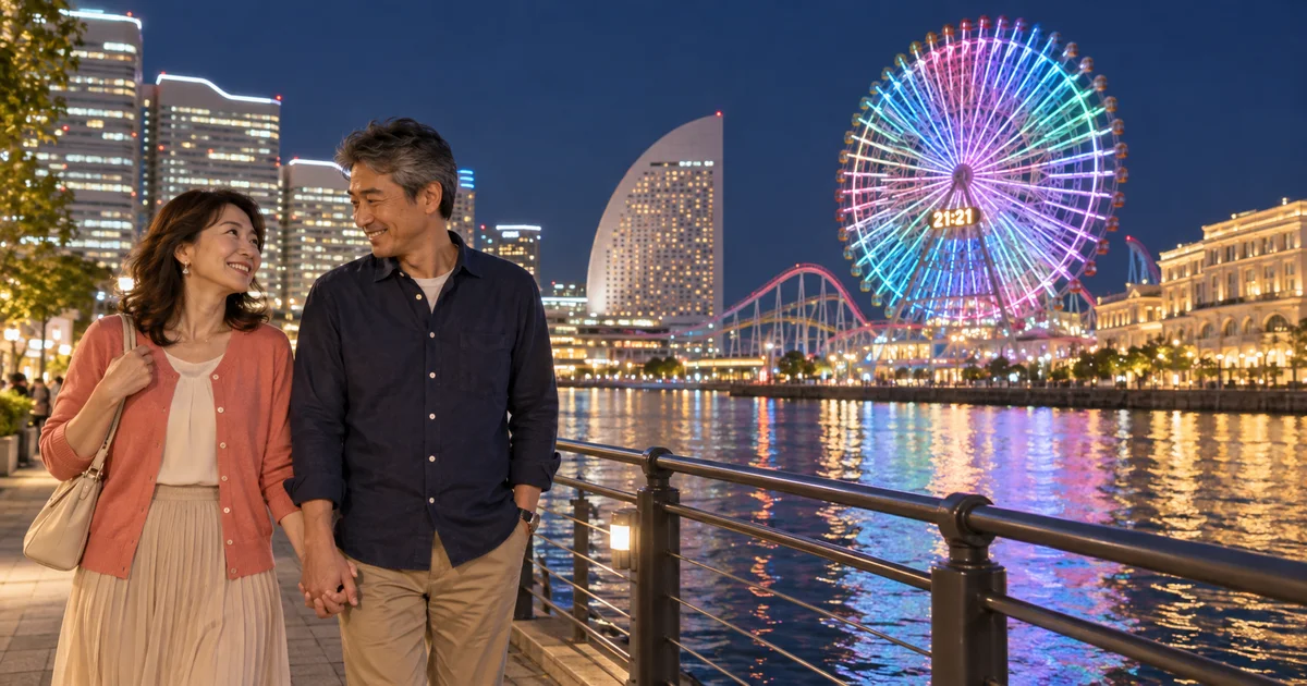 よこはまコスモワールドでデートを楽しむふたりをイメージしたAI画像