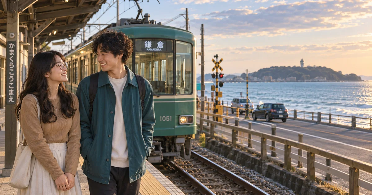鎌倉高校前駅でデートを楽しむふたりをイメージしたAI画像
