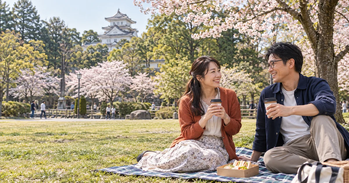 大垣公園でデートを楽しむふたりをイメージしたAI画像