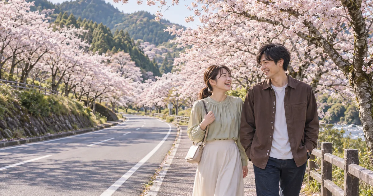 寺尾ヶ原千本桜公園でデートを楽しむふたりをイメージしたAI画像