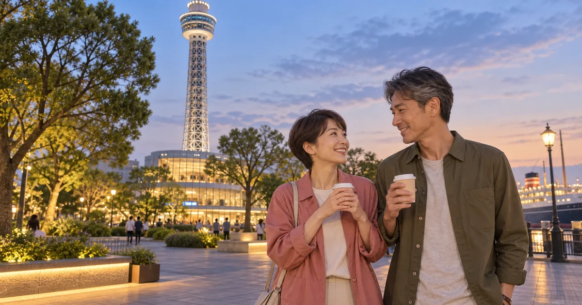横浜マリンタワーでデートを楽しむふたりをイメージしたAI画像