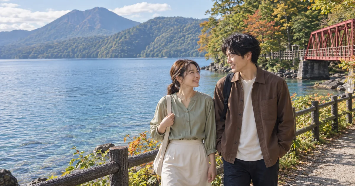支笏湖でデートを楽しむふたりをイメージしたAI画像