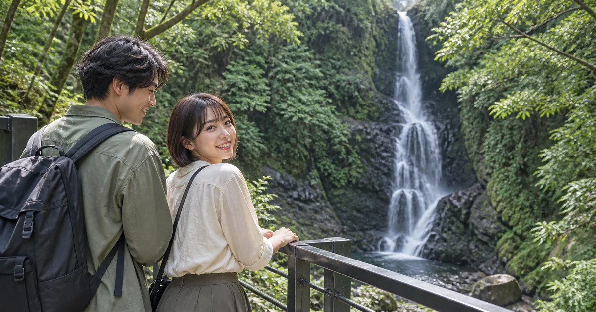 洒水の滝でデートを楽しむふたりをイメージしたAI画像