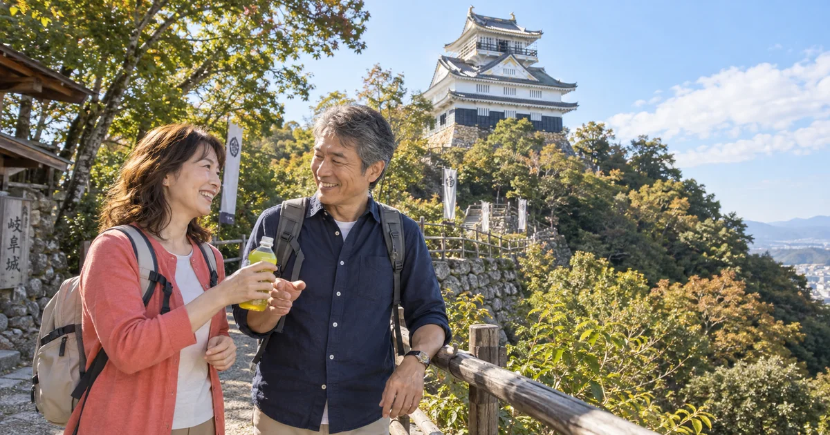 岐阜城でデートを楽しむふたりをイメージしたAI画像
