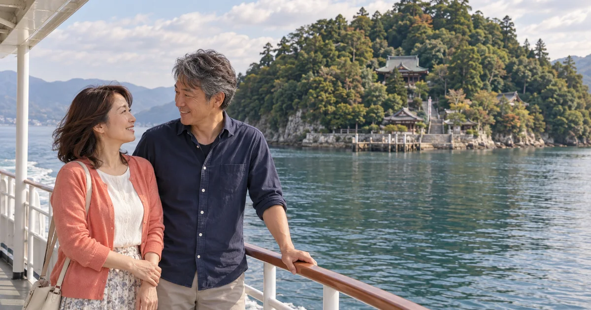 竹生島でデートを楽しむふたりをイメージしたAI画像