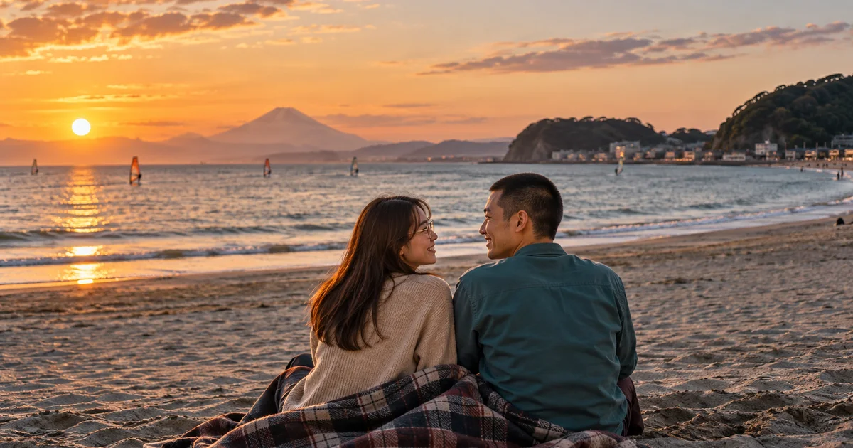 逗子海岸でデートを楽しむふたりをイメージしたAI画像