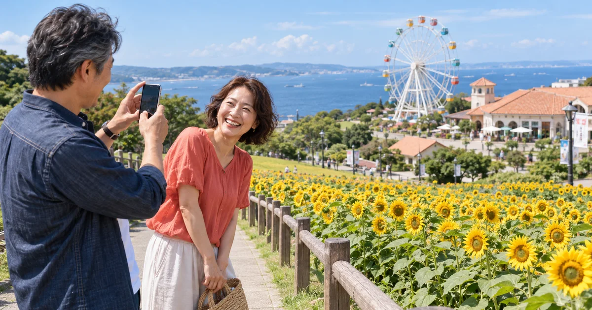 ソレイユの丘でデートを楽しむふたりをイメージしたAI画像