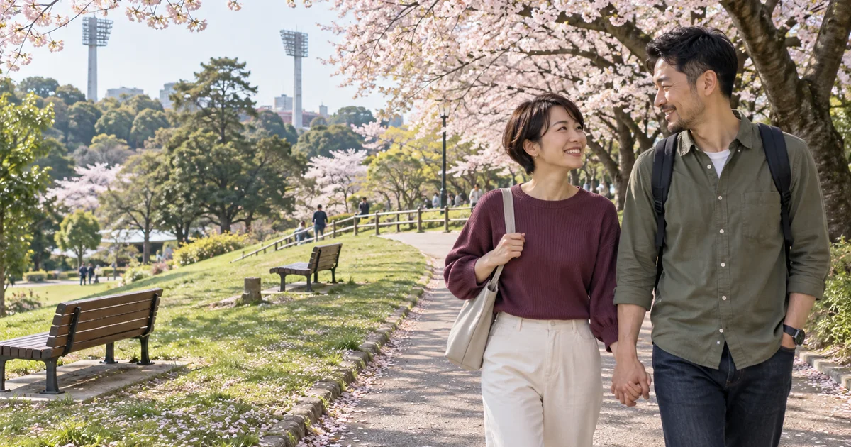 三ツ沢公園でデートを楽しむふたりをイメージしたAI画像