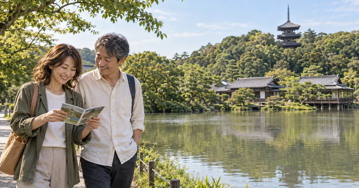 三溪園でデートを楽しむふたりをイメージしたAI画像