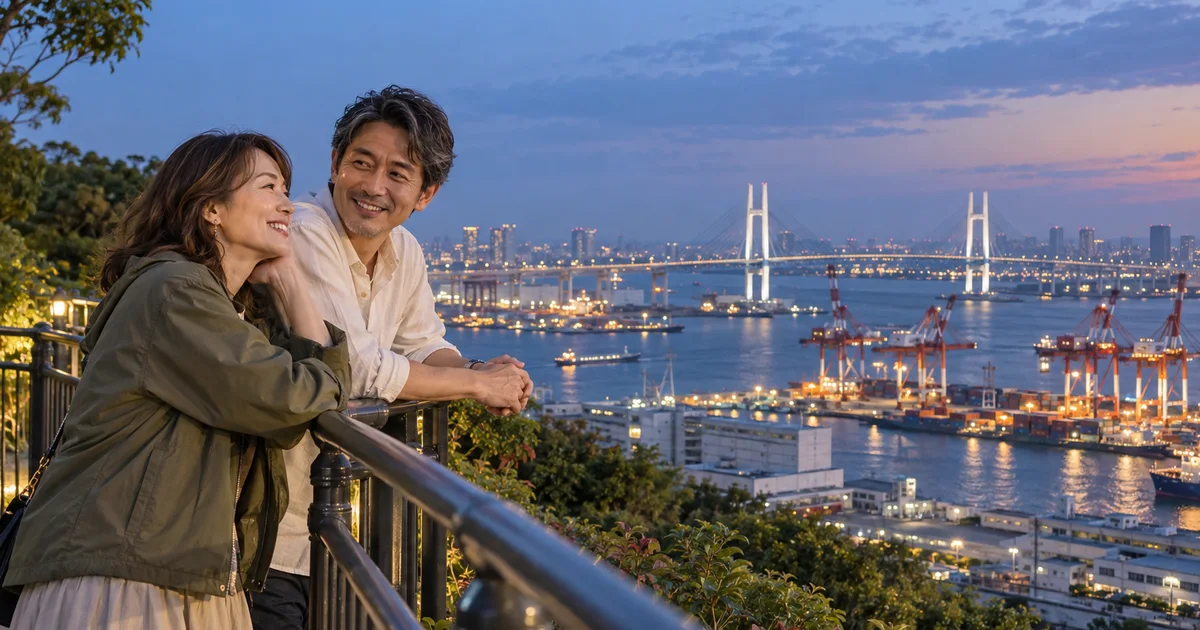 港の見える丘公園でデートを楽しむふたりをイメージしたAI画像