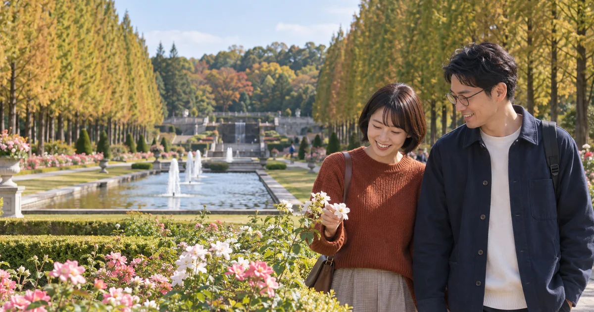 相模原公園でデートを楽しむふたりをイメージしたAI画像
