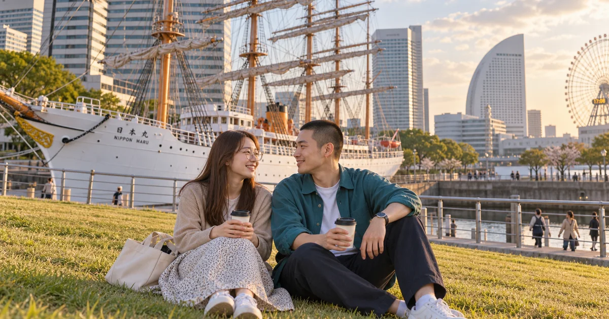 日本丸メモリアルパークでデートを楽しむふたりをイメージしたAI画像