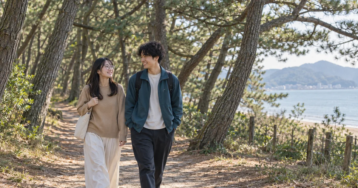 虹の松原でデートを楽しむふたりをイメージしたAI画像