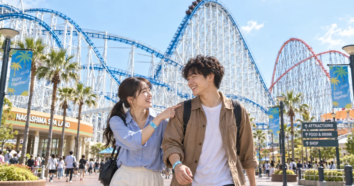 ナガシマスパーランドでデートを楽しむふたりをイメージしたAI画像