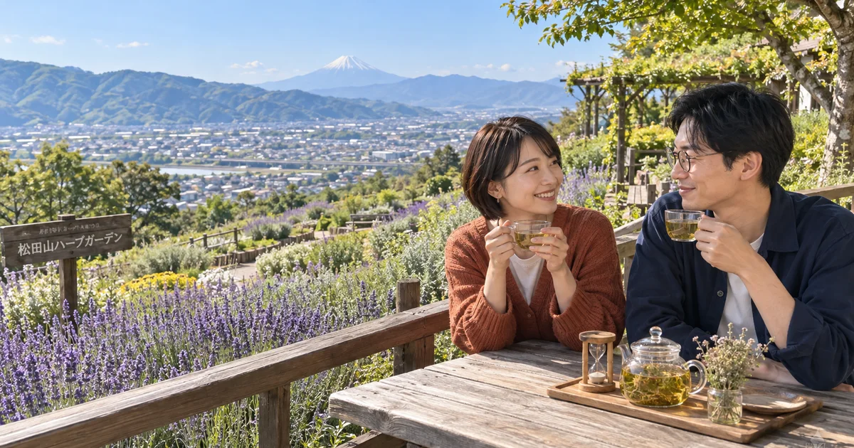 松田山ハーブガーデンでデートを楽しむふたりをイメージしたAI画像