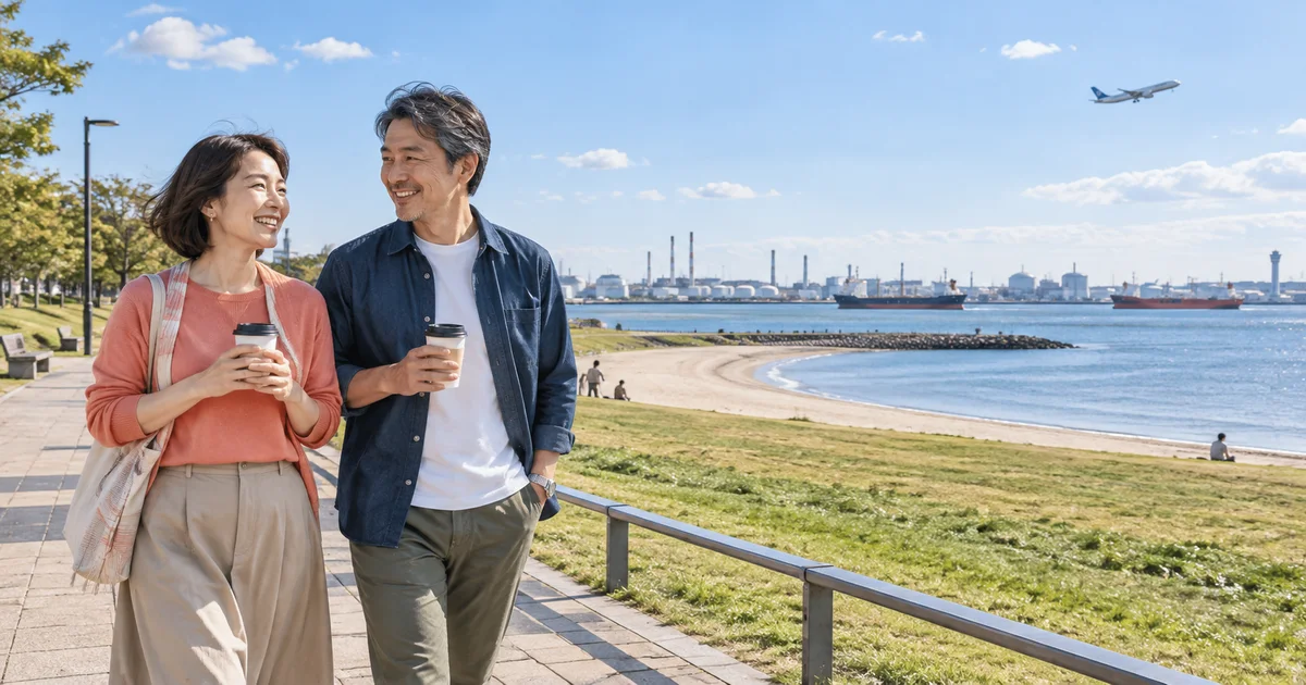 東扇島東公園でデートを楽しむふたりをイメージしたAI画像