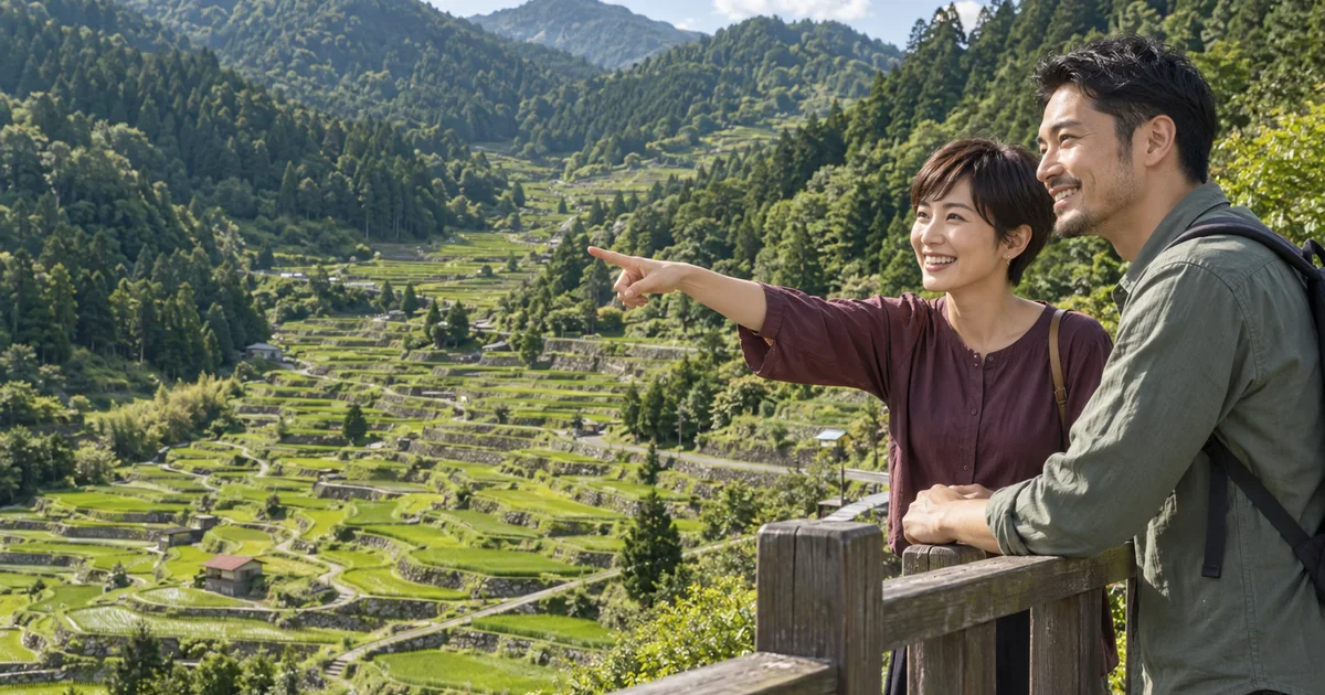 丸山千枚田でデートを楽しむふたりをイメージしたAI画像