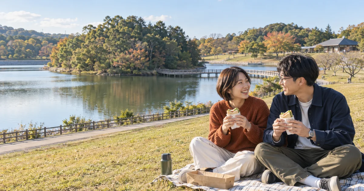 亀山サンシャインパークでデートを楽しむふたりをイメージしたAI画像