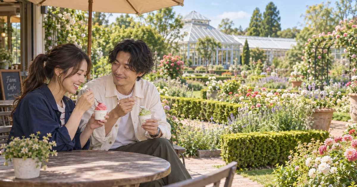 松阪農業公園ベルファームでデートを楽しむふたりをイメージしたAI画像