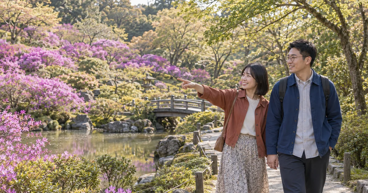 津偕楽公園でデートを楽しむふたりをイメージしたAI画像