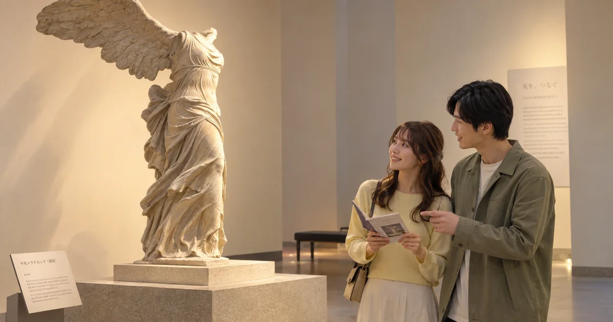 ルーブル彫刻美術館でデートを楽しむふたりをイメージしたAI画像