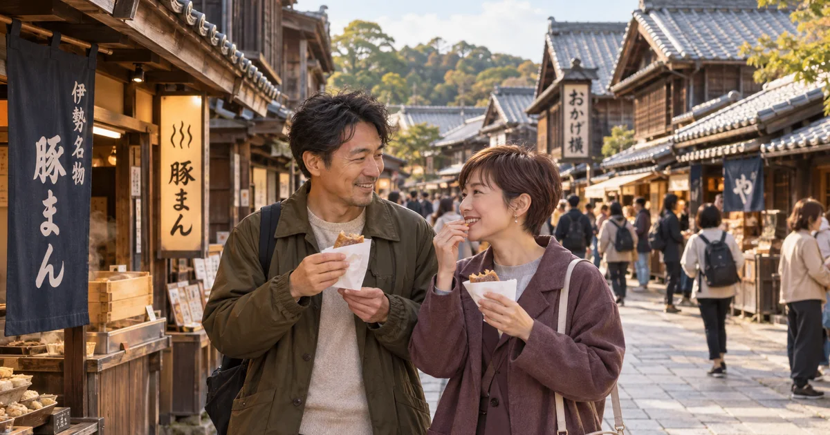 おかげ横丁でデートを楽しむふたりをイメージしたAI画像