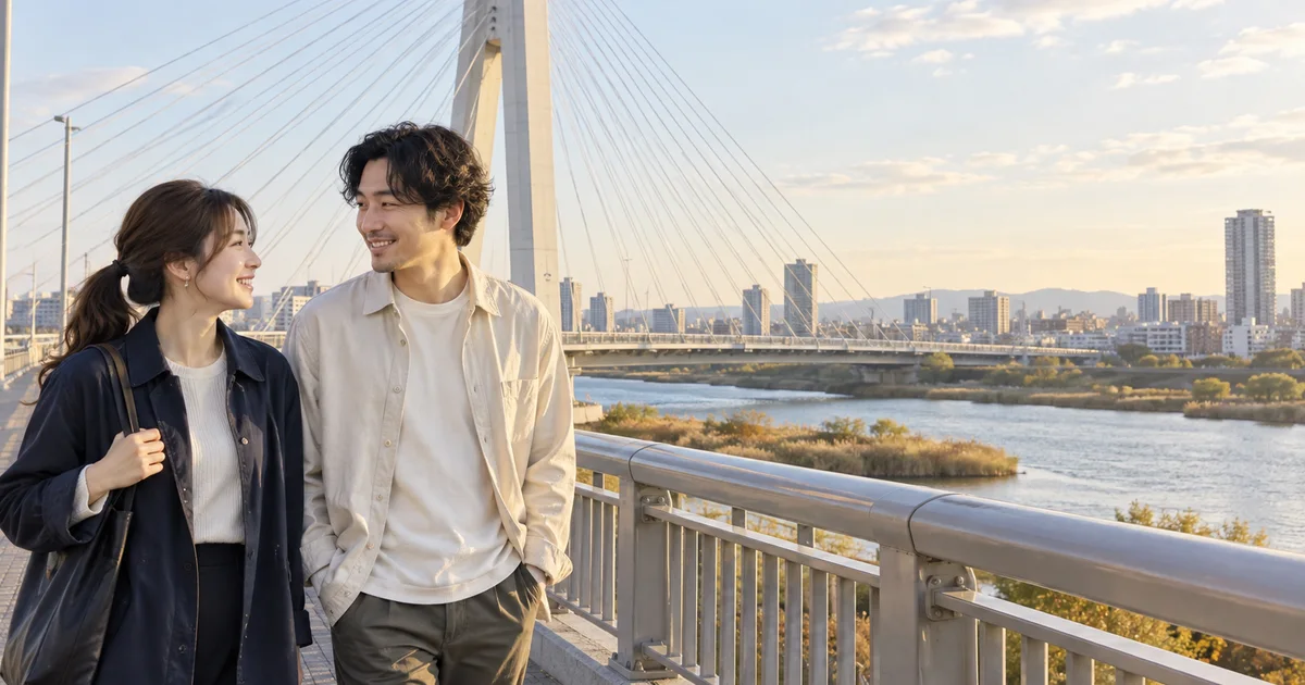 菅原城北大橋でデートを楽しむふたりをイメージしたAI画像