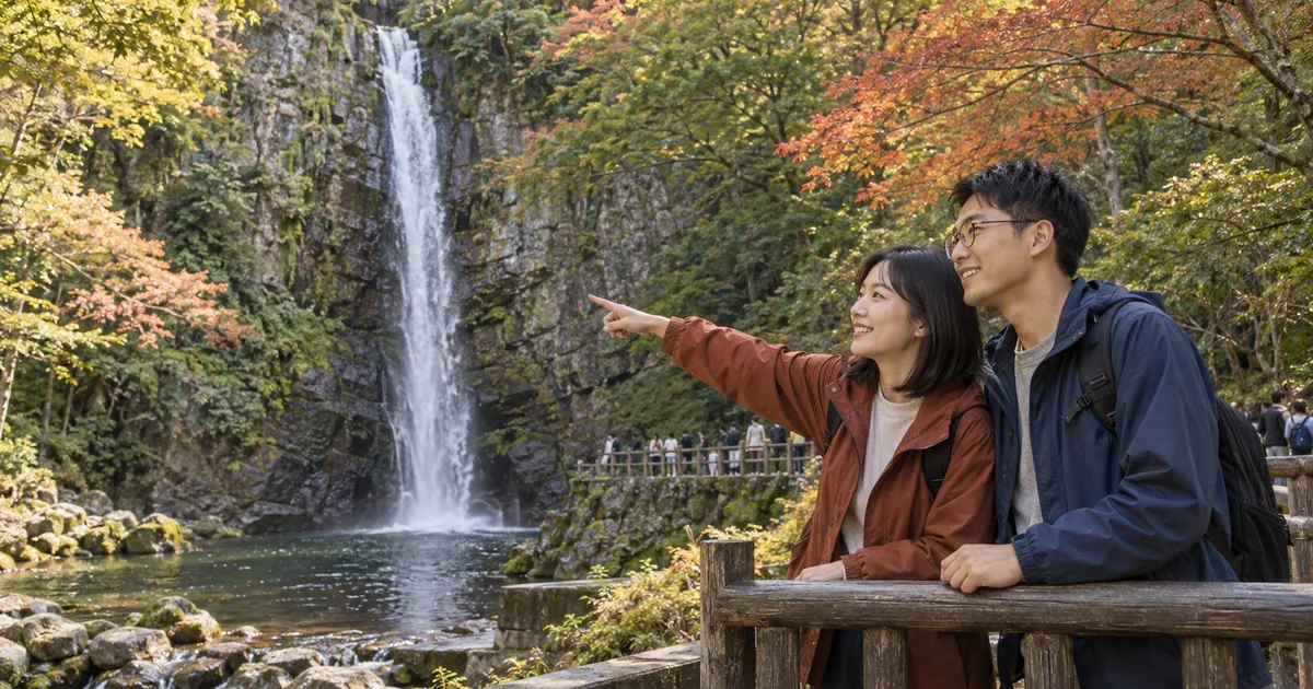 箕面大滝でデートを楽しむふたりをイメージしたAI画像